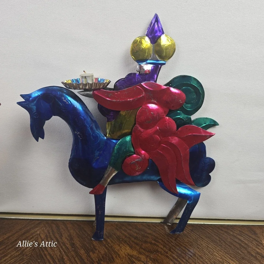 Punched‎ Tin Folk Art Vintage Christmas Decor 3 Wise Men Horse Candle Colorful